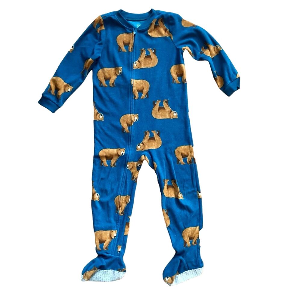 Carter's 1-Piece Bear Print Fleece Footie Teal Brown Pajamas Little Boy’s Size 5